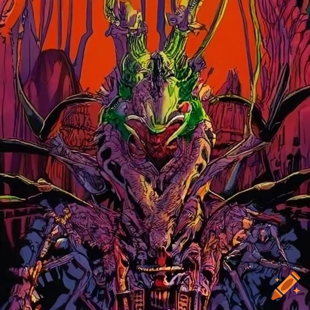 vibrant 90s manga illustration of a demonic preying mantis