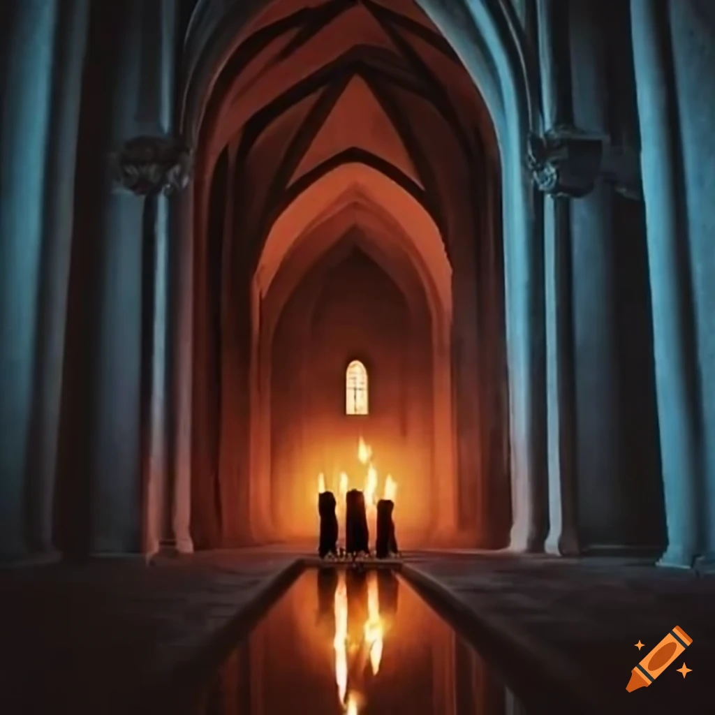 men leading prayer in a candlelit monastery