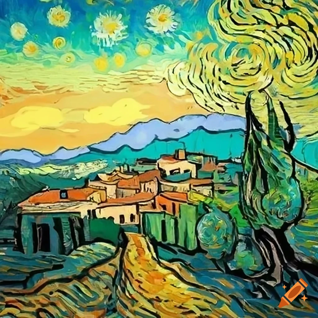 cartoon art of a Tuscany-style home inspired by Van Gogh