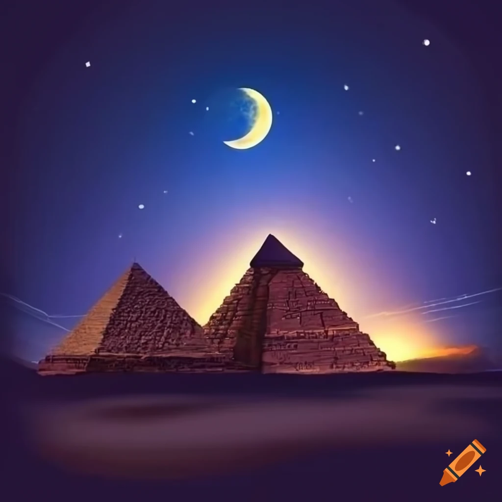mystical night scene with pyramids under golden moonlight