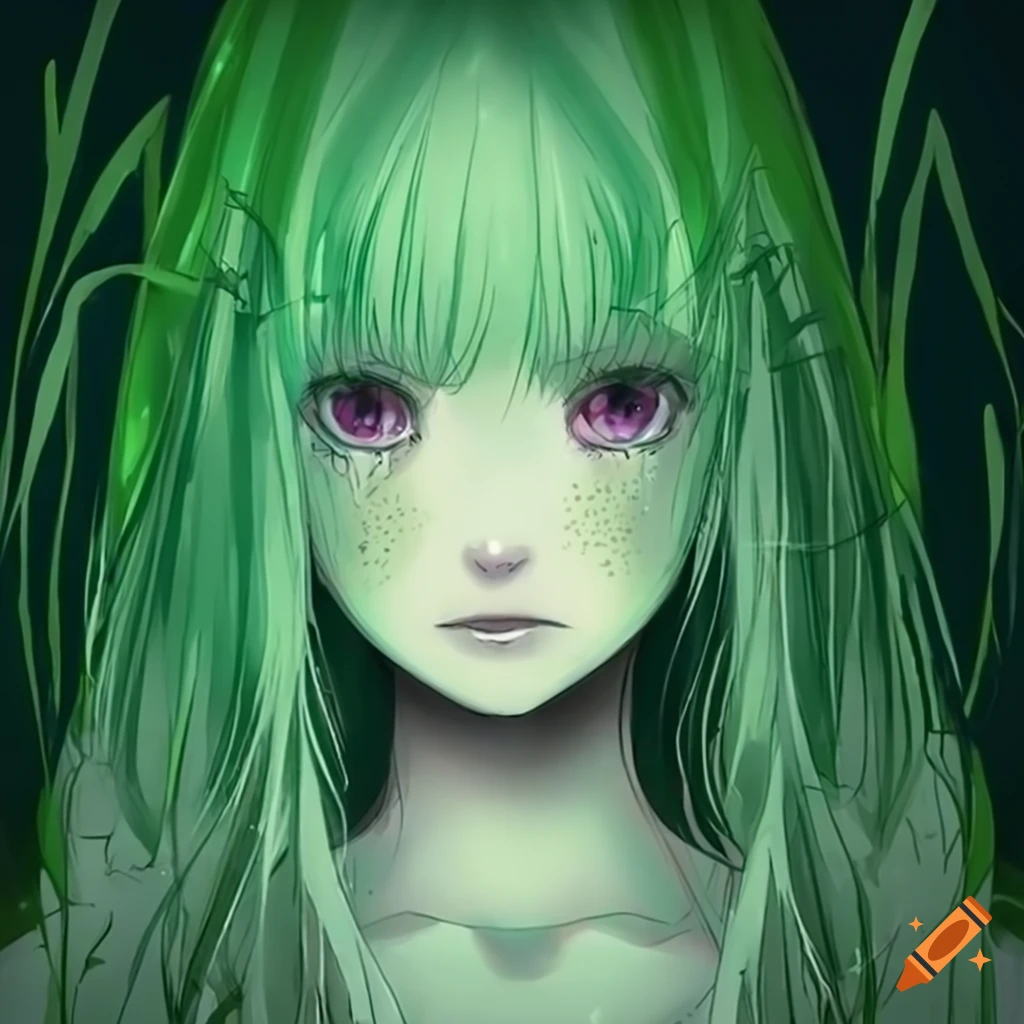 Anime girl with long hair in a green grass field on Craiyon