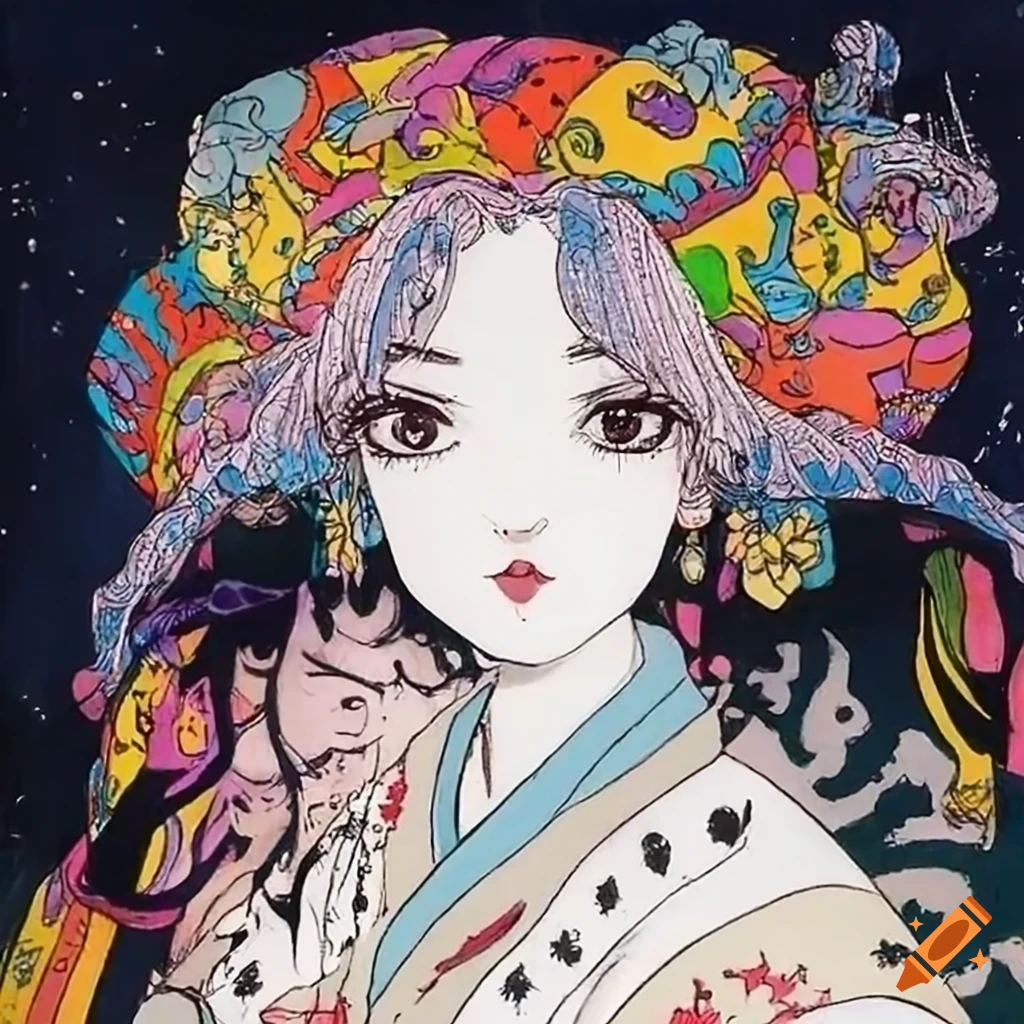 colorful manga sketch of a Japanese woman
