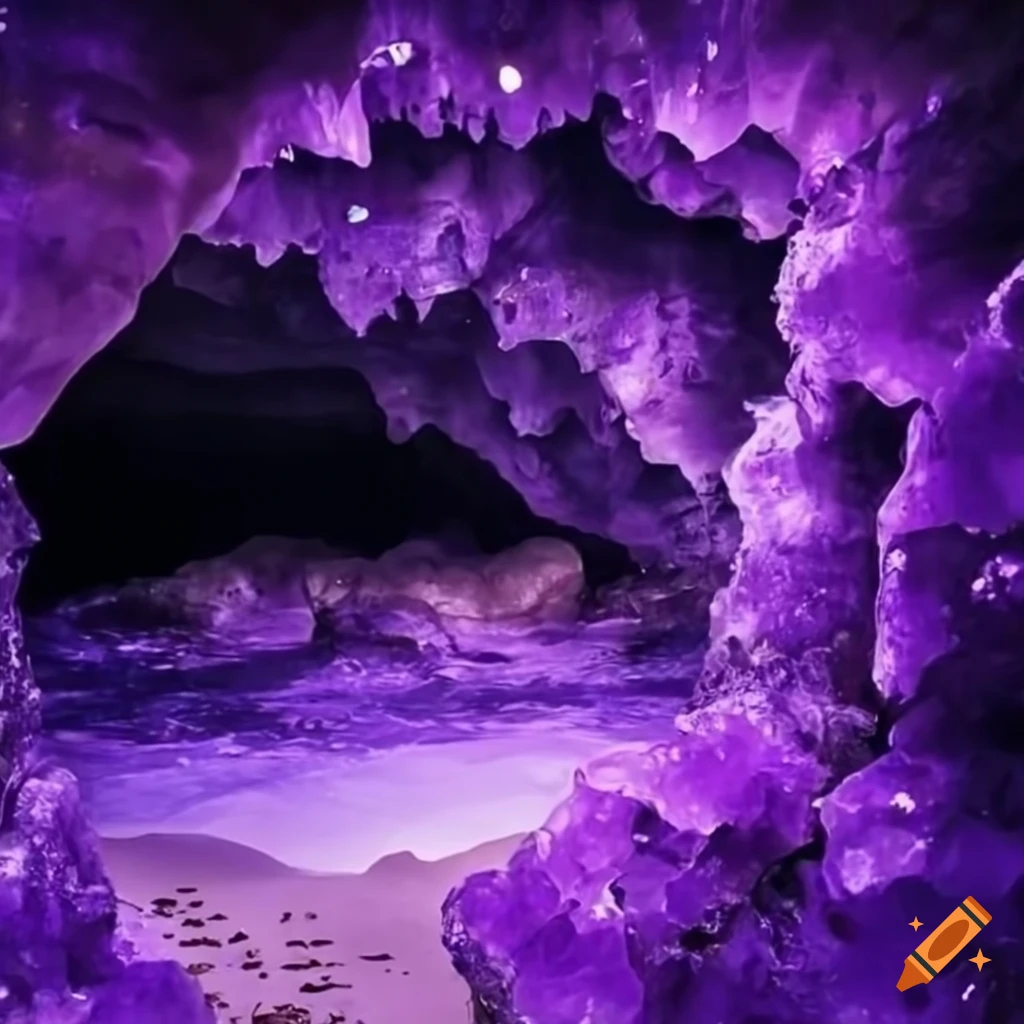 amethyst cave with a glowing purple water pool