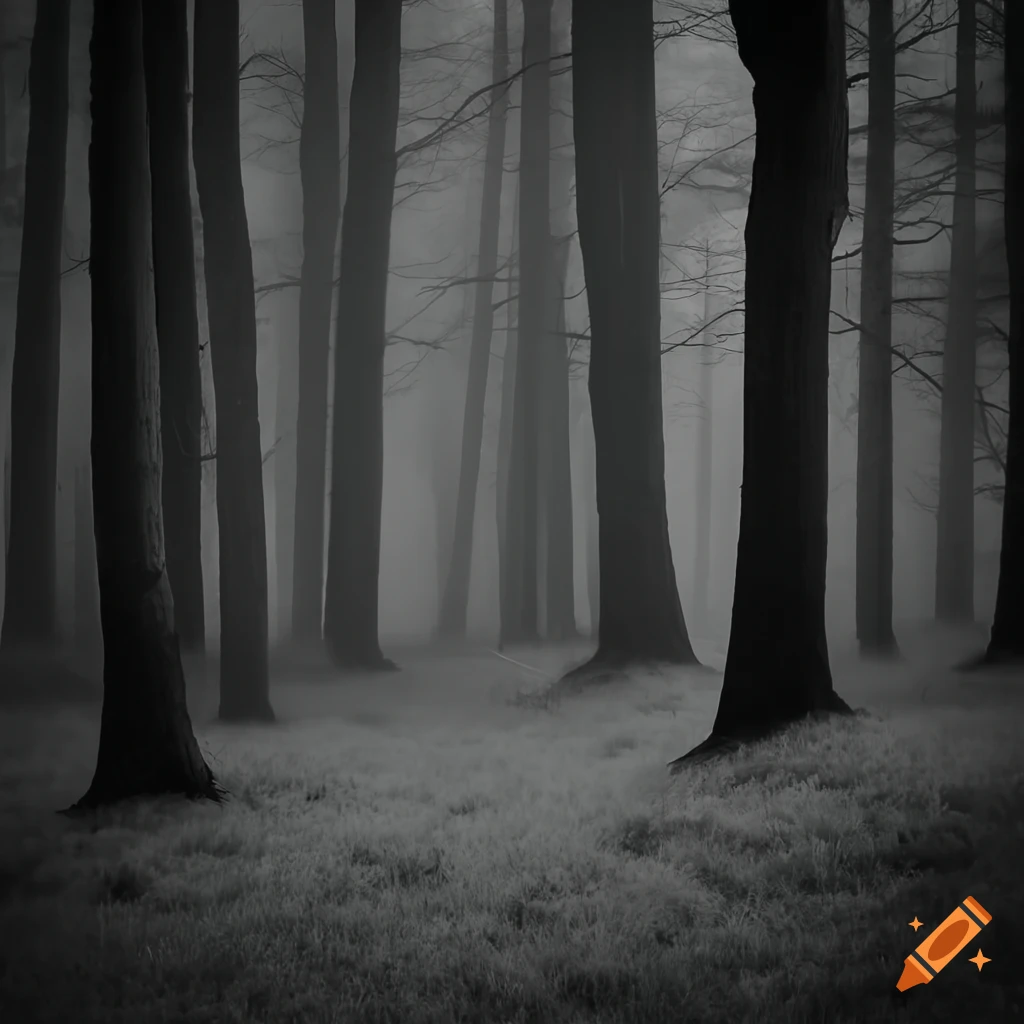 black and white image of foggy woods at night