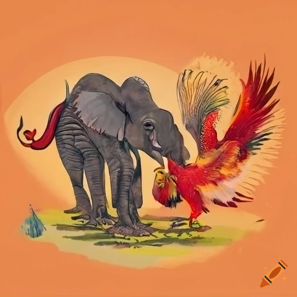 Asian style drawing of an elephant and a rooster in a fight