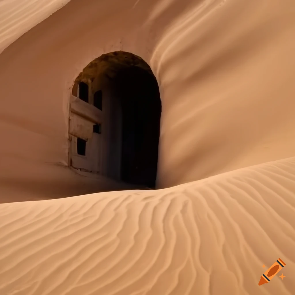 entrance to a desert mine shaft in a sand dune