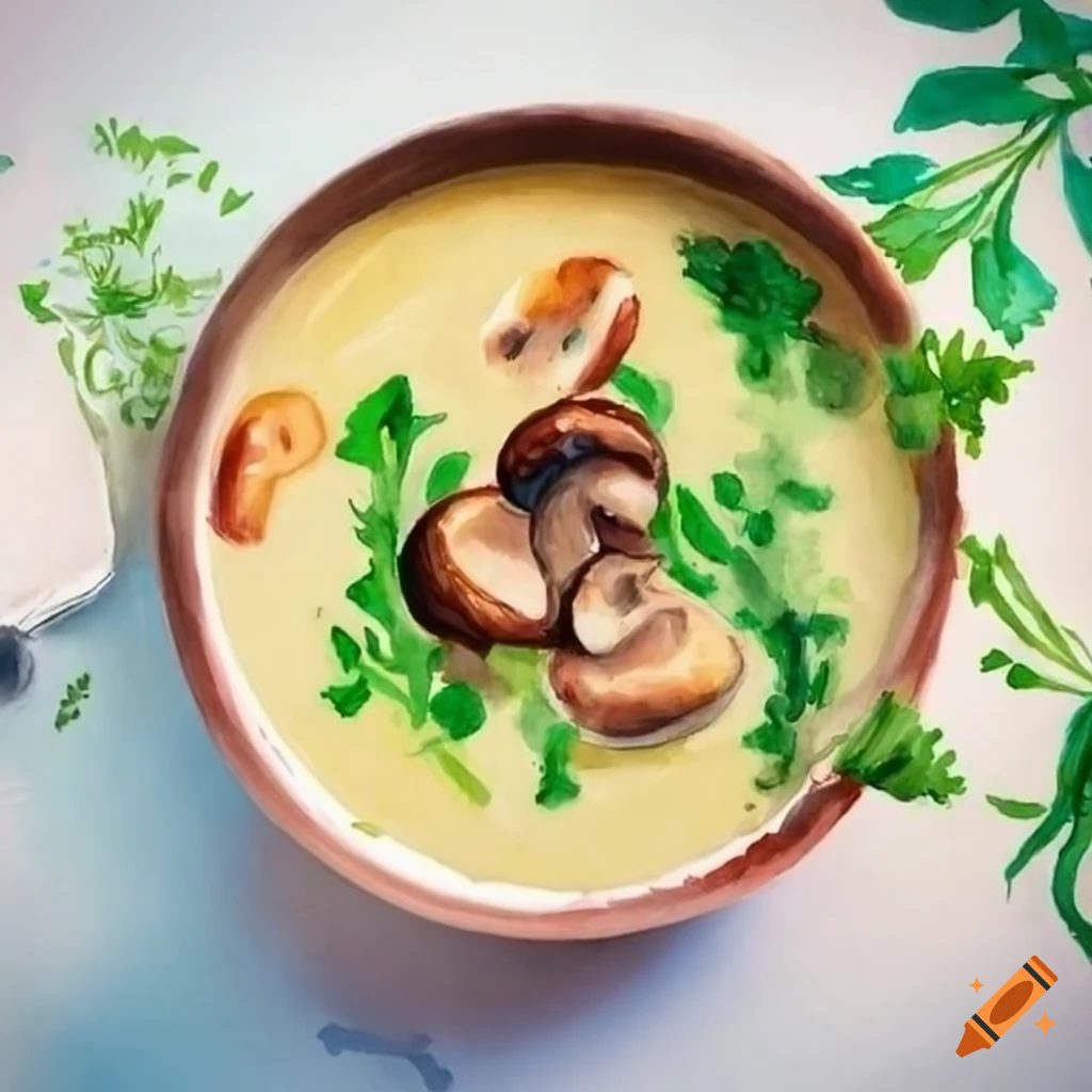 watercolor painting of a creamy mushroom soup