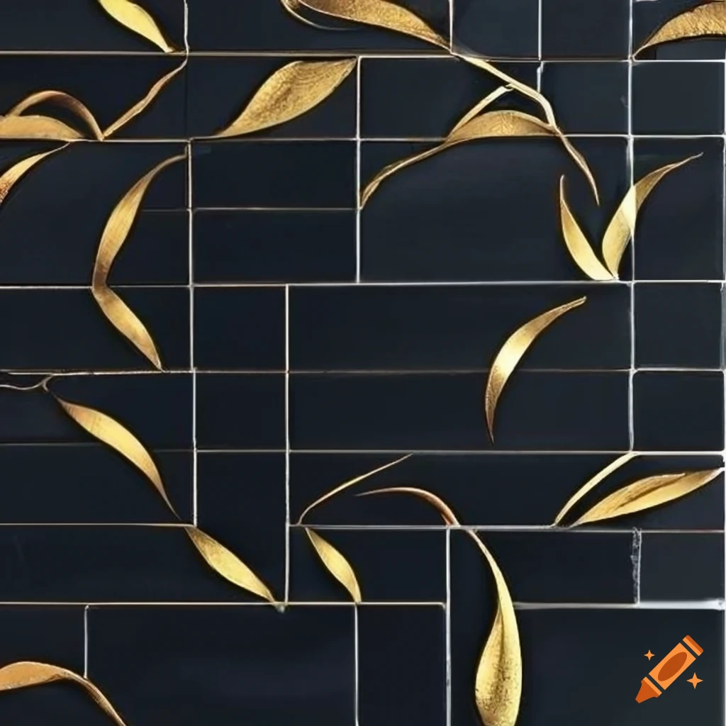 black granite tile with gold vine and leaf patterns