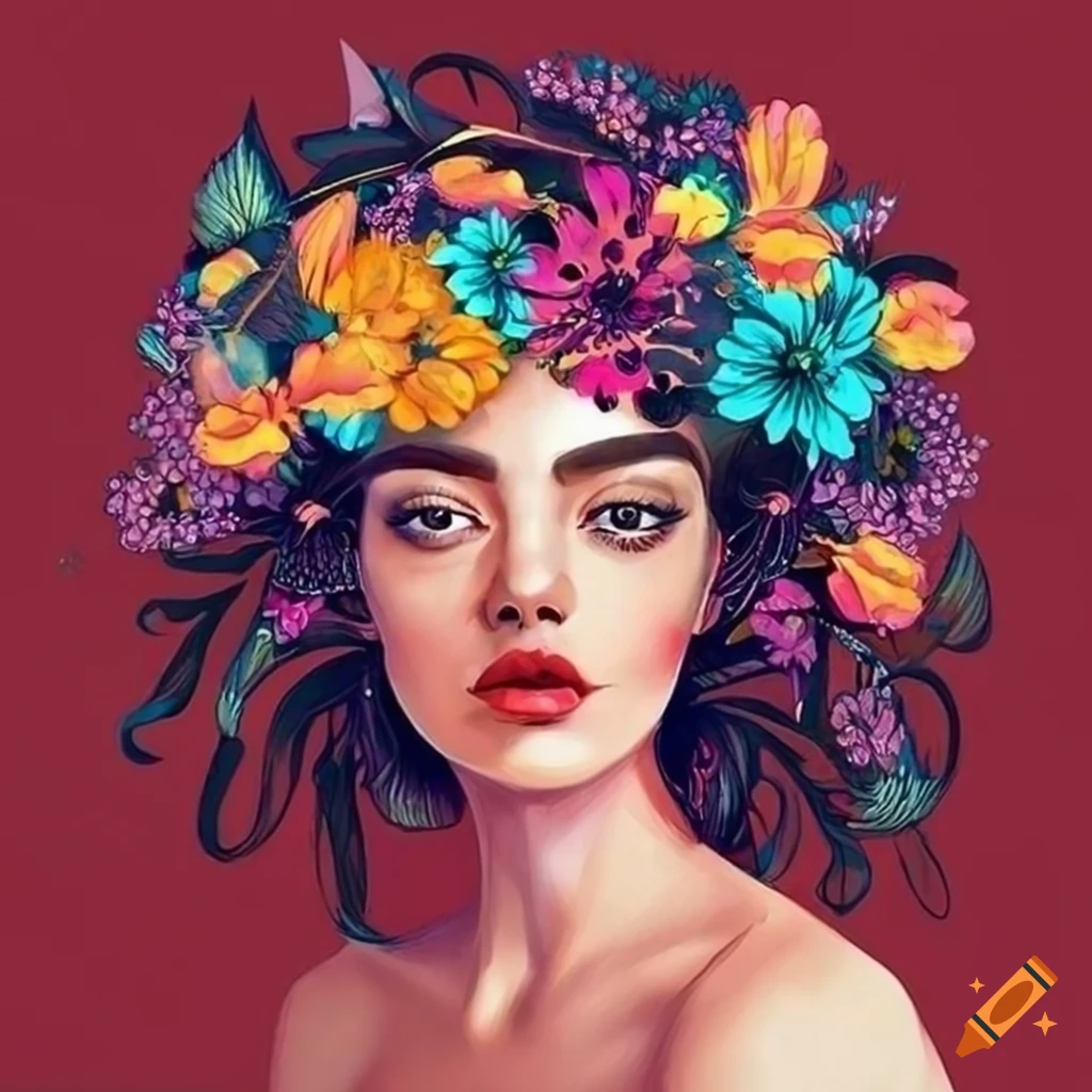 Artwork of a woman with colorful flowers on Craiyon