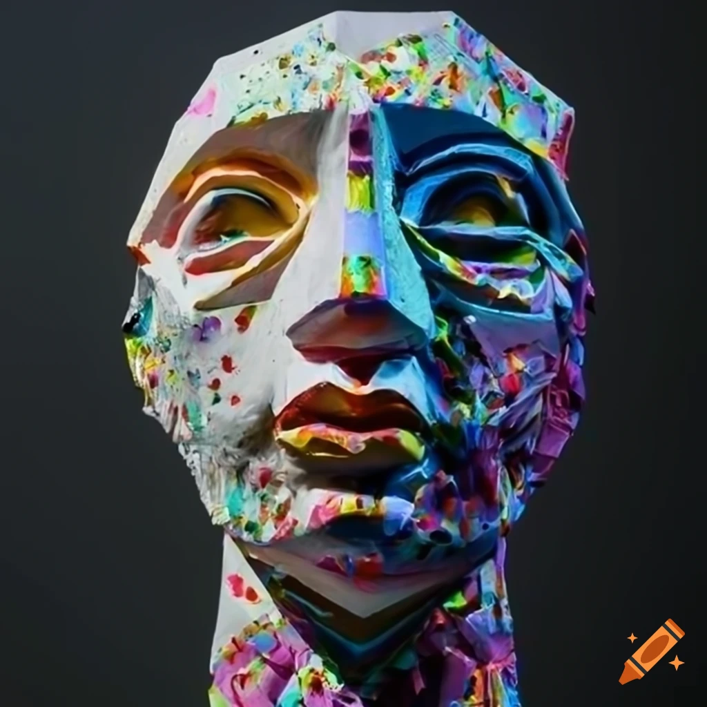 Sculpture of origami figures made with colorful recycled paper