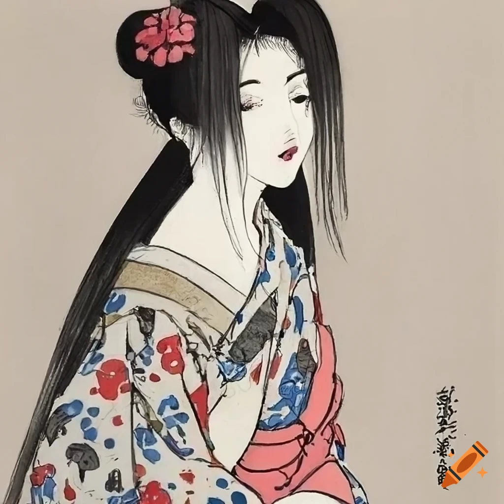 Colorful manga ink sketch of a japanese woman in white on Craiyon