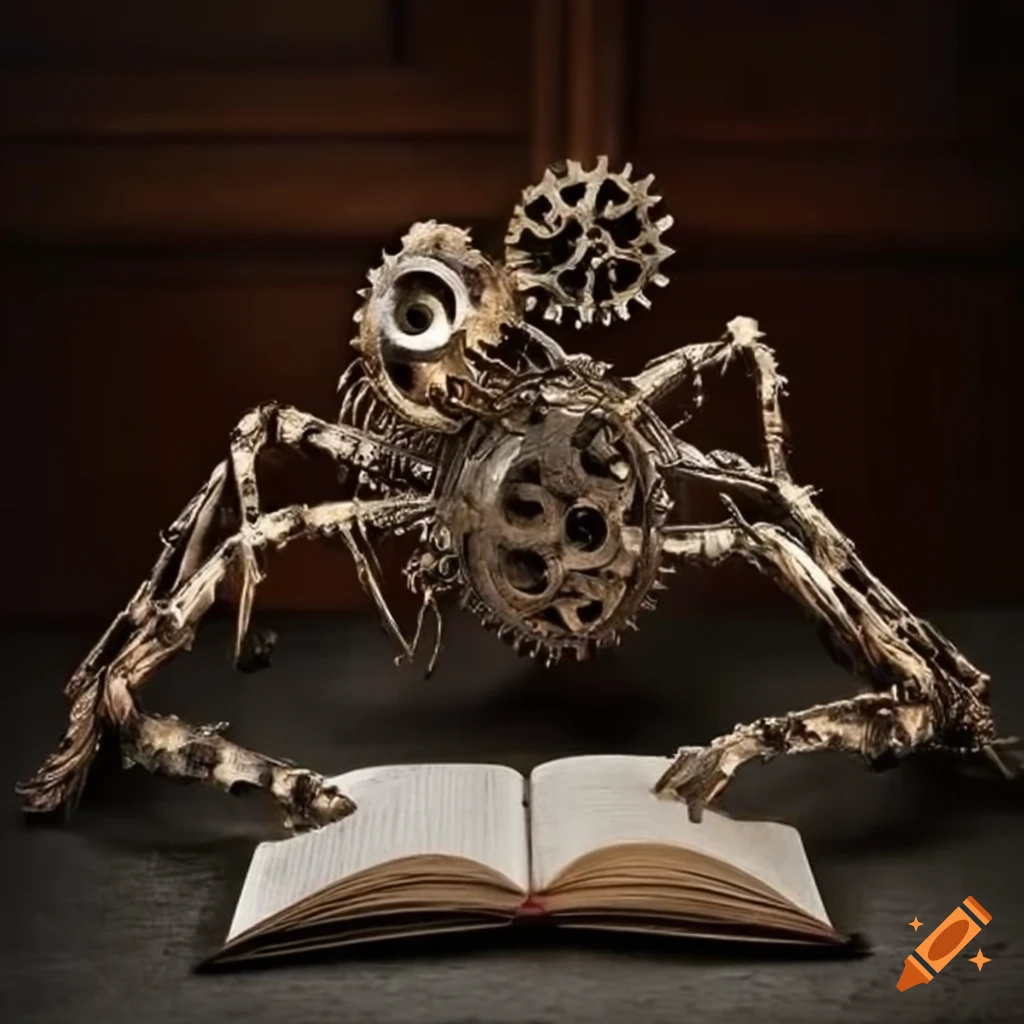 steampunk spider sculpture reading a book
