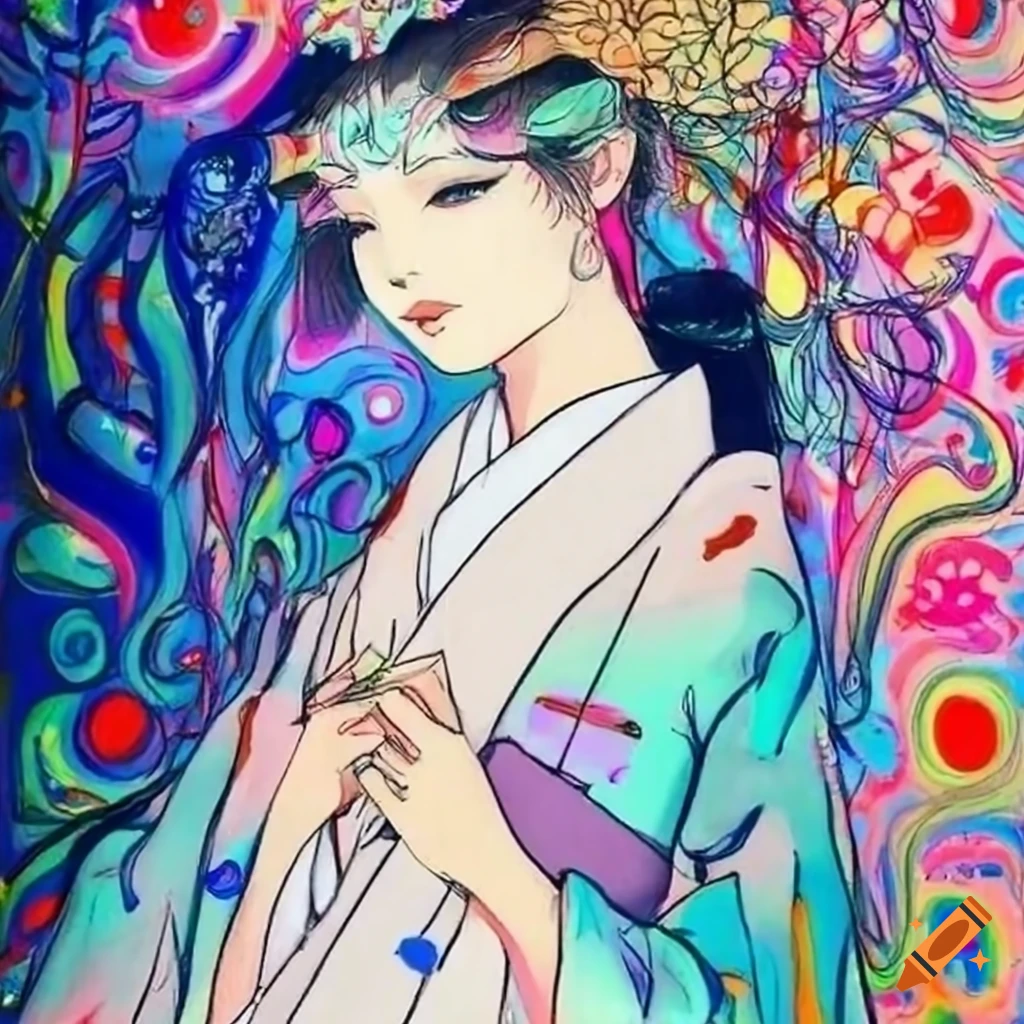 colorful manga sketch of a Japanese woman in white