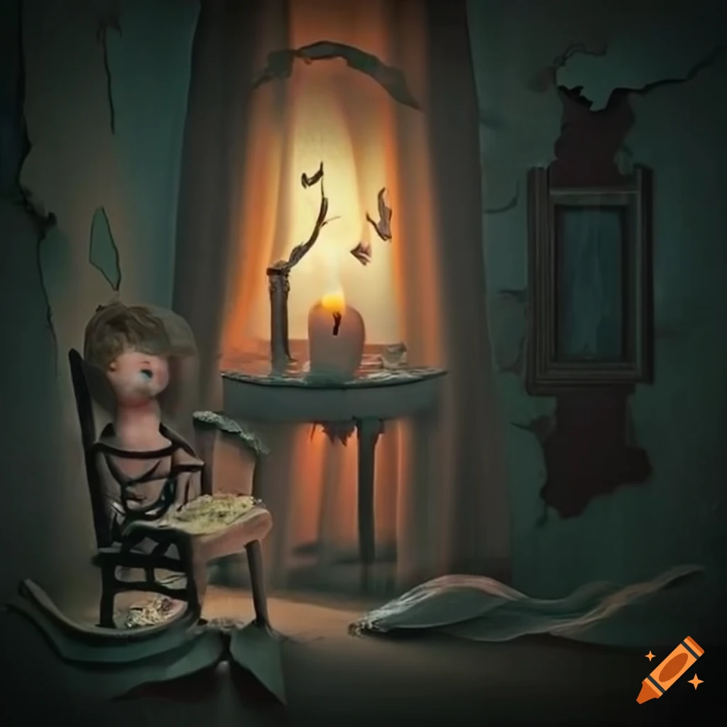haunted room with flickering candle and peeling wallpaper