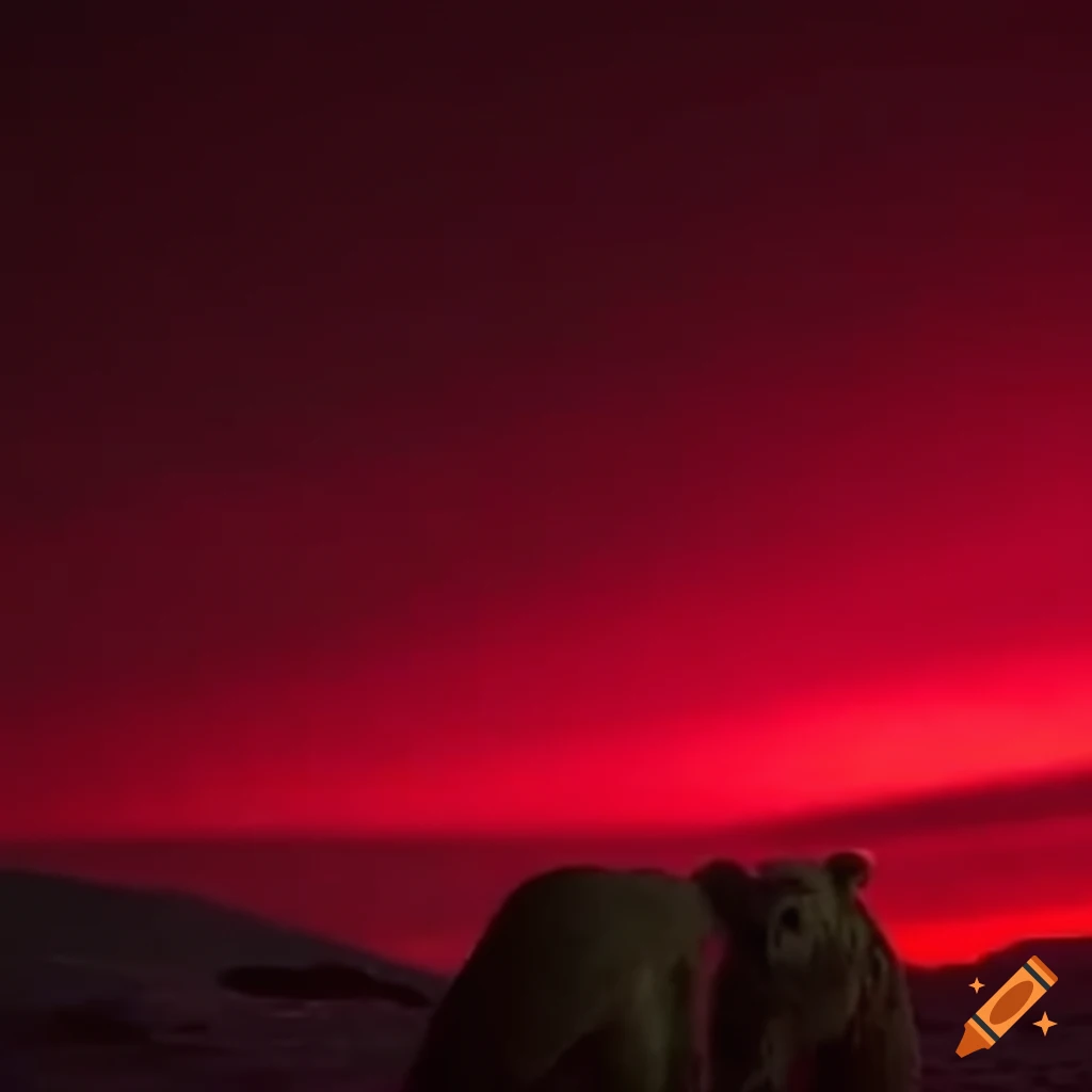 polar bear covered in nerve spines under a bloody red sky