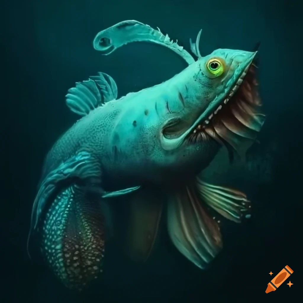 Surrealistic fish monsters in darkness