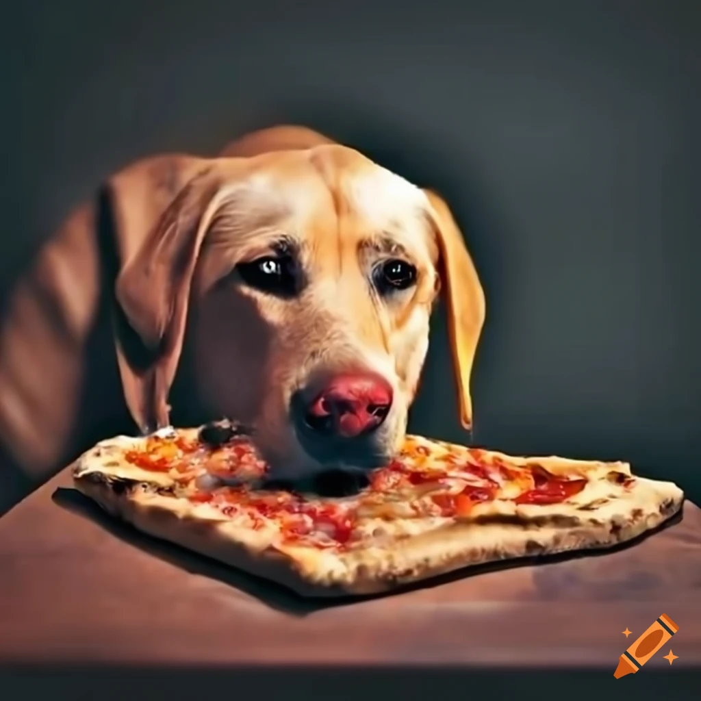 Labrador enjoying a pizza with cutlery