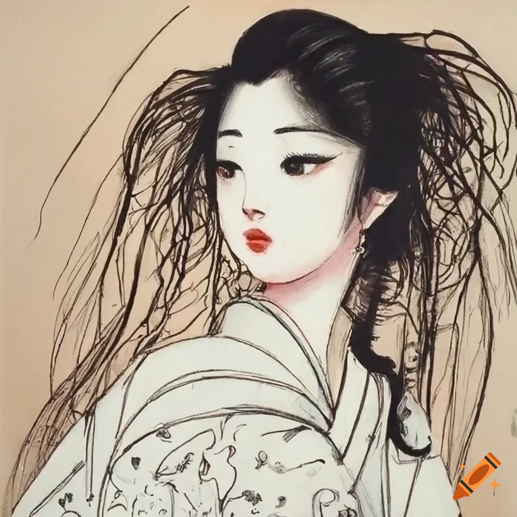 colorful manga sketch of an adorable Japanese woman