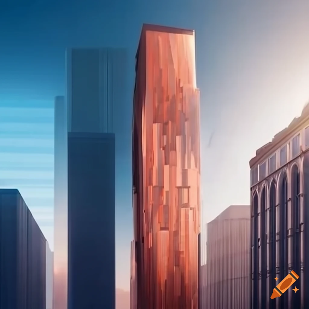 skyscraper made of copper and reflective glass in a city business district