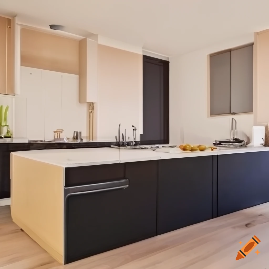 Photo of a beige kitchen with dark worktop on Craiyon