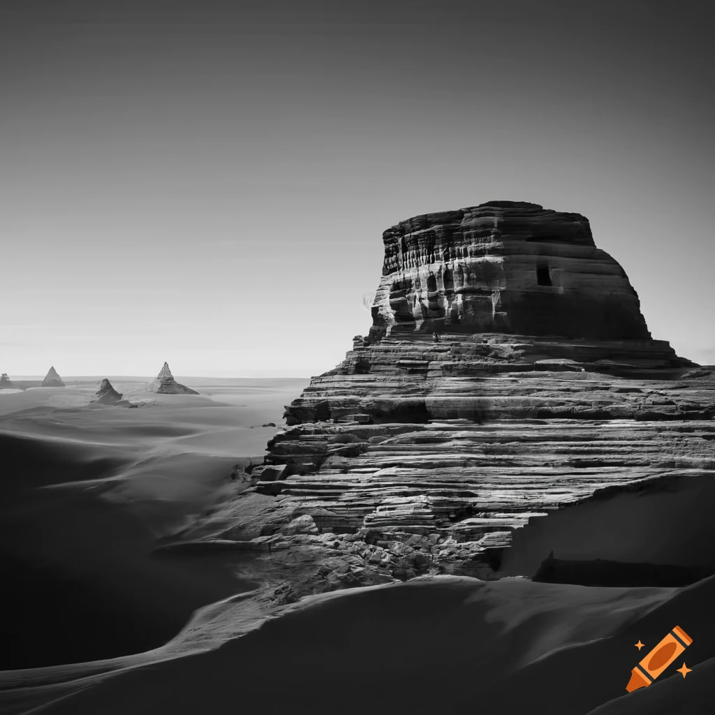 black and white image of a desert with scattered ruins