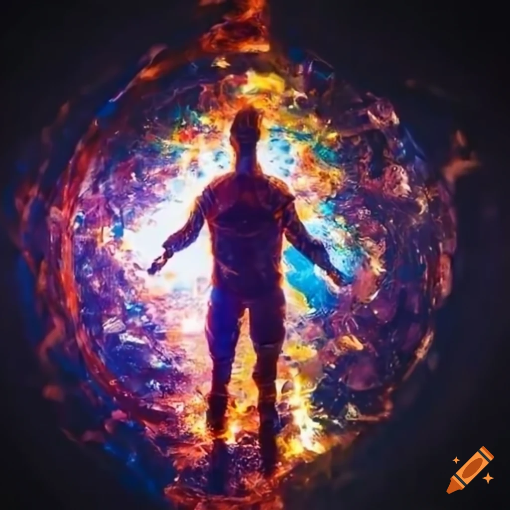 Image of a hero figure surrounded by exploding energy on Craiyon