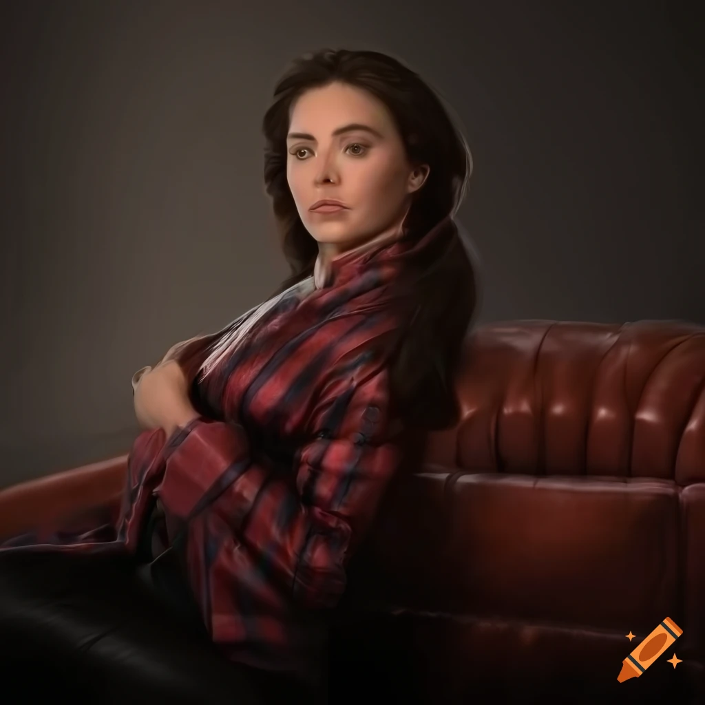 portrait of a sleeping woman in plaid shirt and black leather trousers
