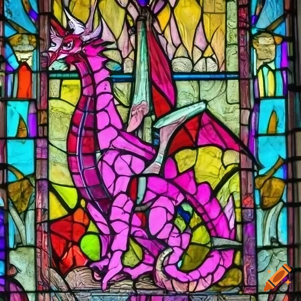 gothic style stained glass window with a dragon