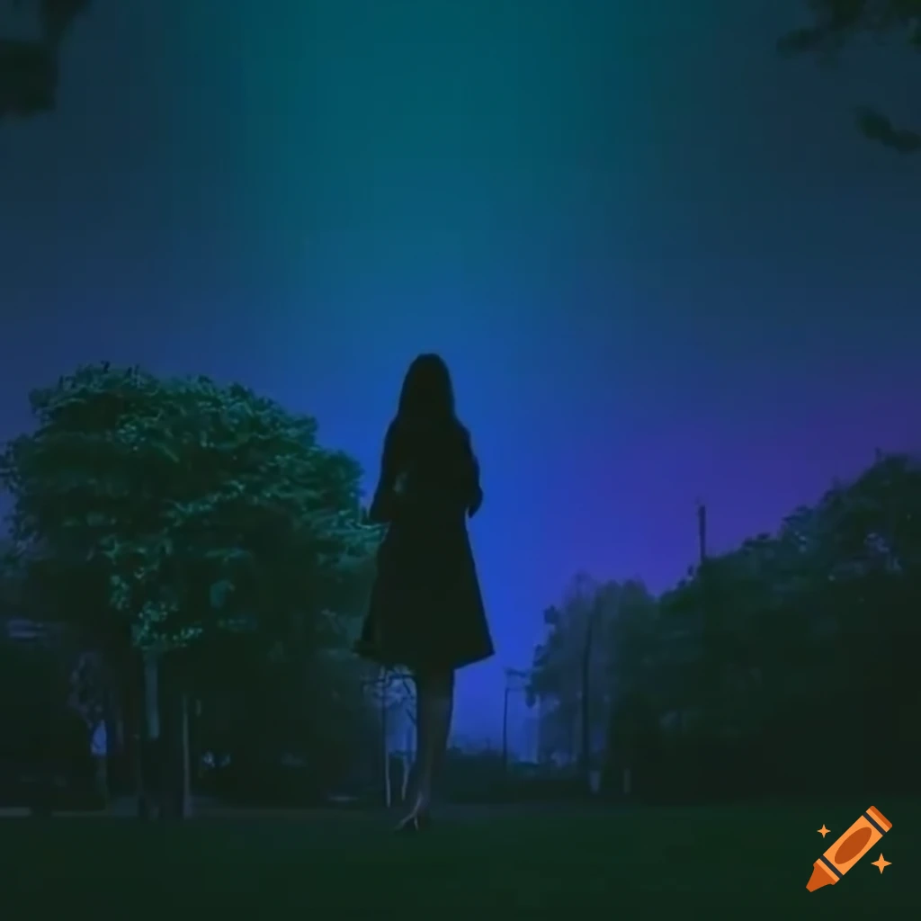 vaporwave cityscape with girl walking alone at night