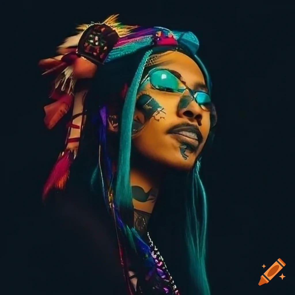 illustration of a nonbinary shaman with eye tattoos and colorful sunglasses