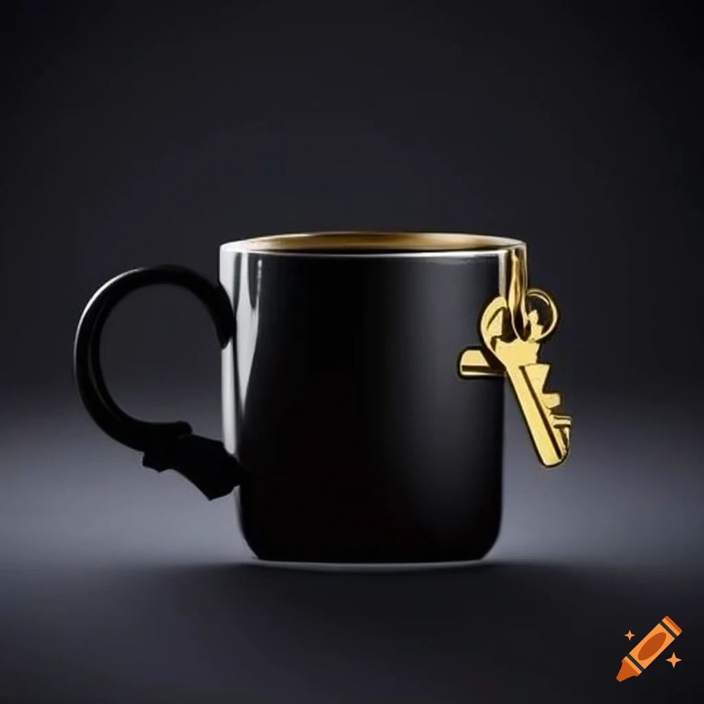 black coffee mug with gold key emblem