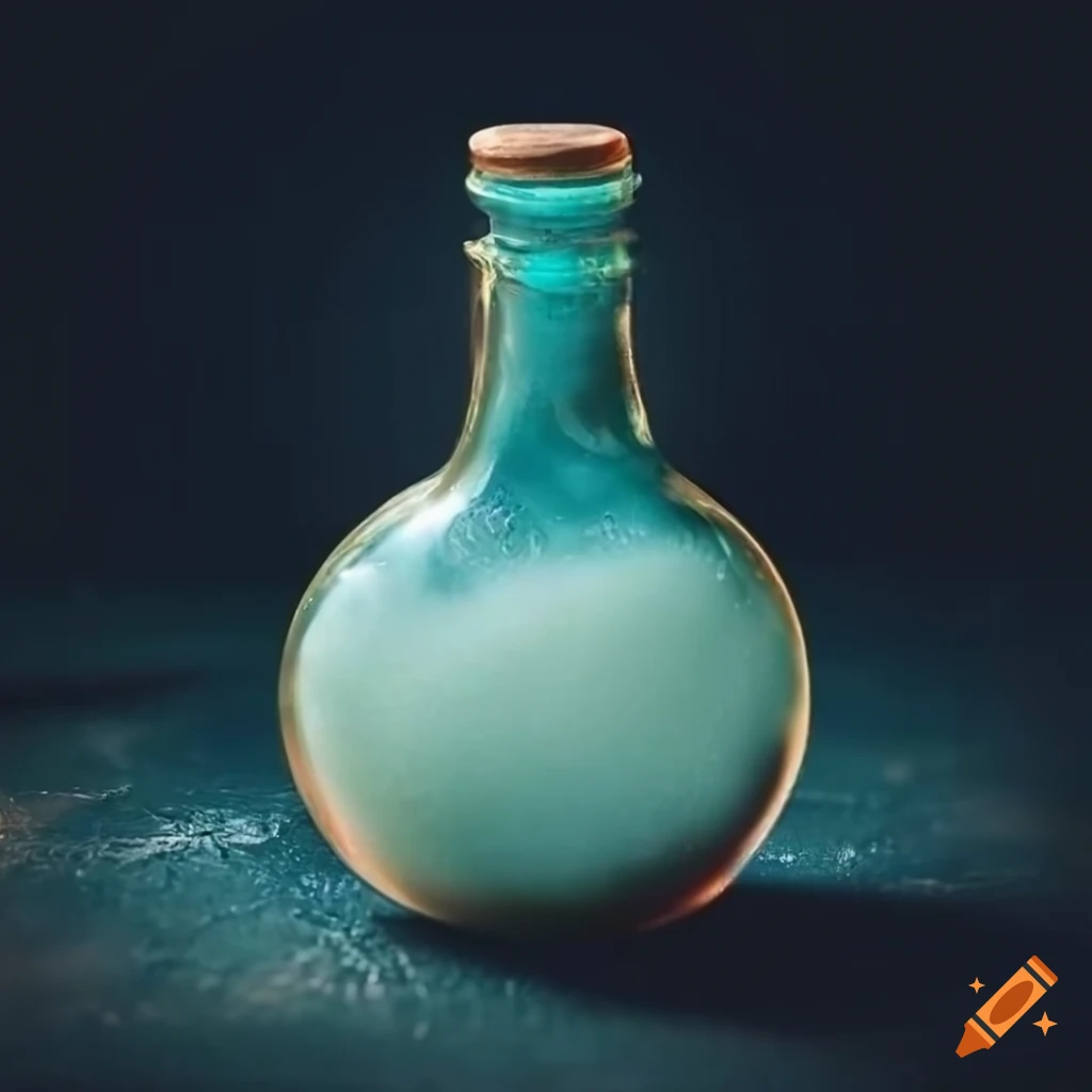 Magic potion in a glass bottle. 3d illustration on dark background