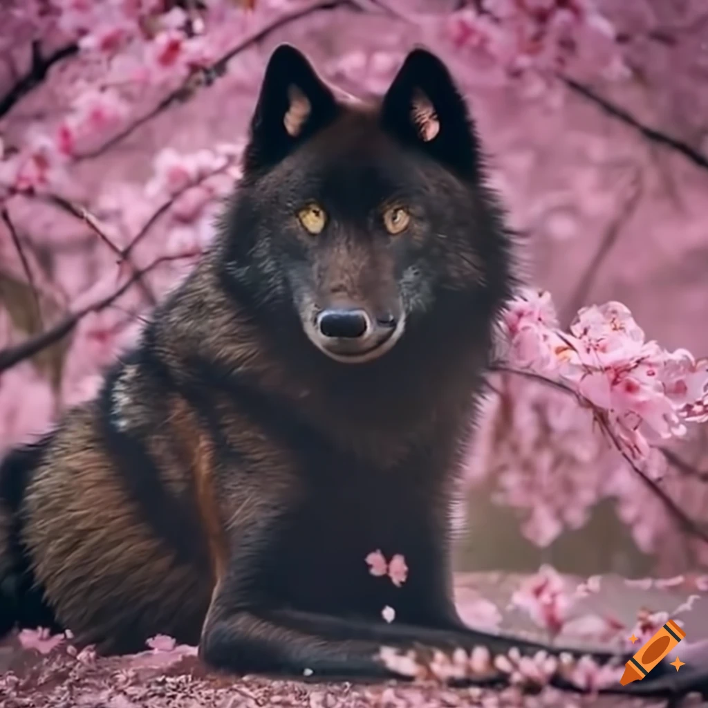Black wolf resting in cherry blossoms on Craiyon