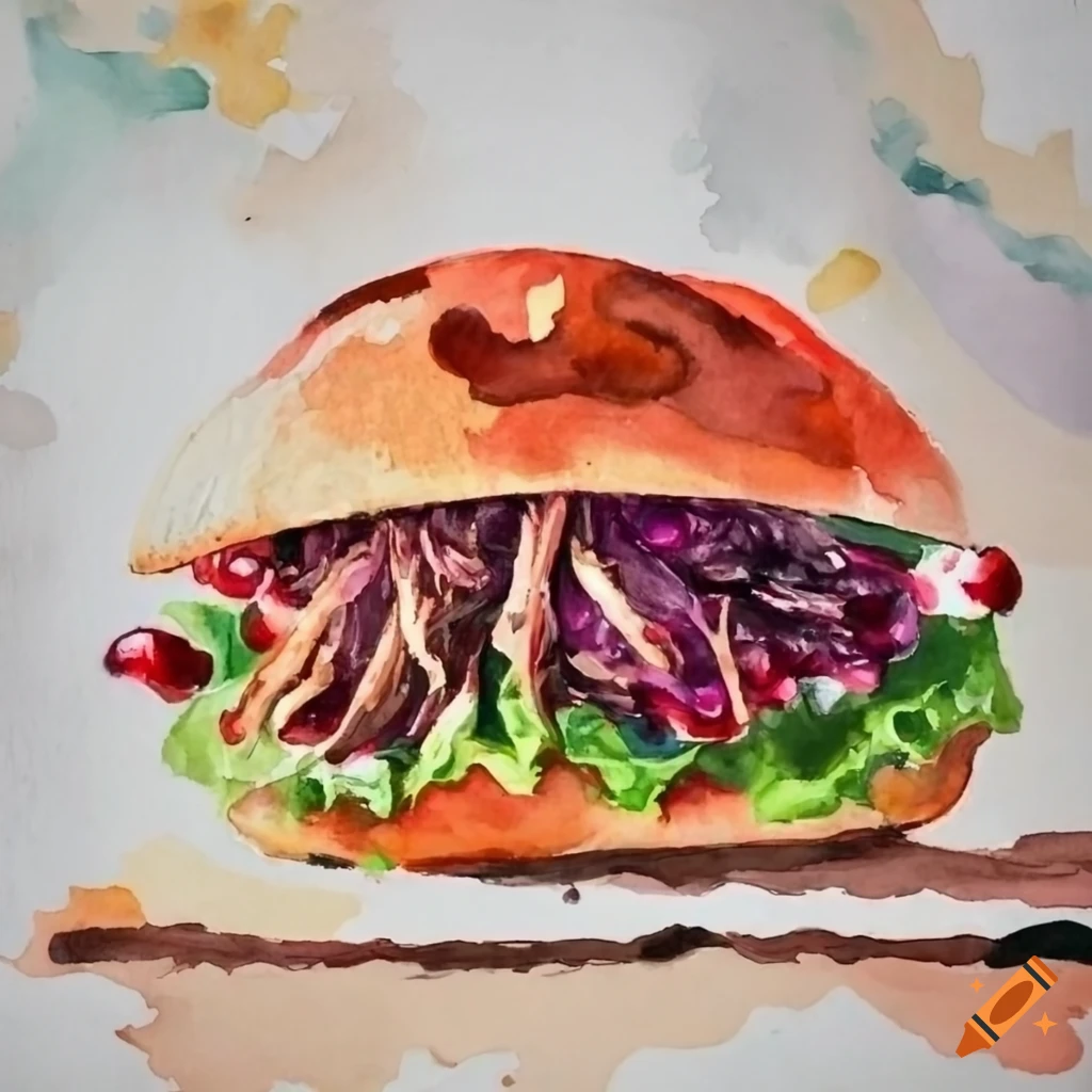 watercolor painting of a pulled pork sandwich with pomegranate salad