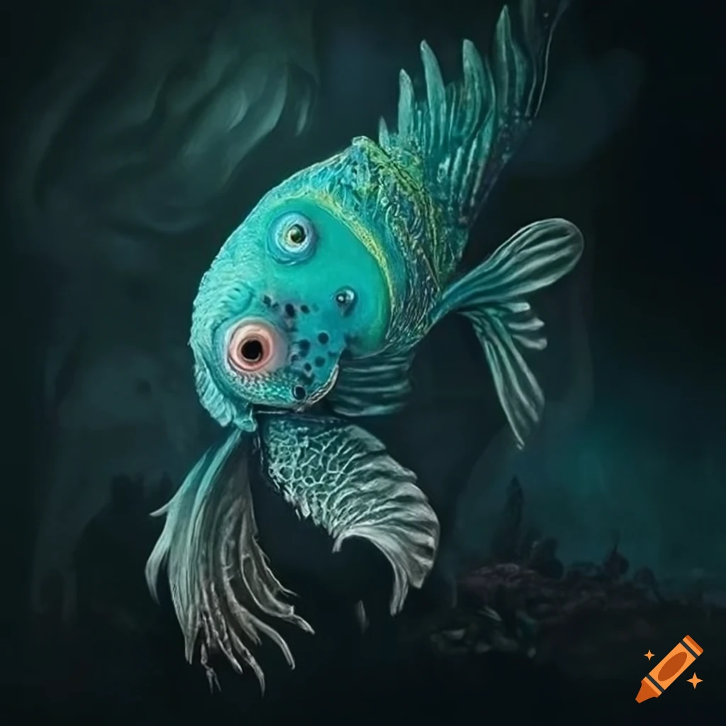Surrealistic fish monsters in darkness