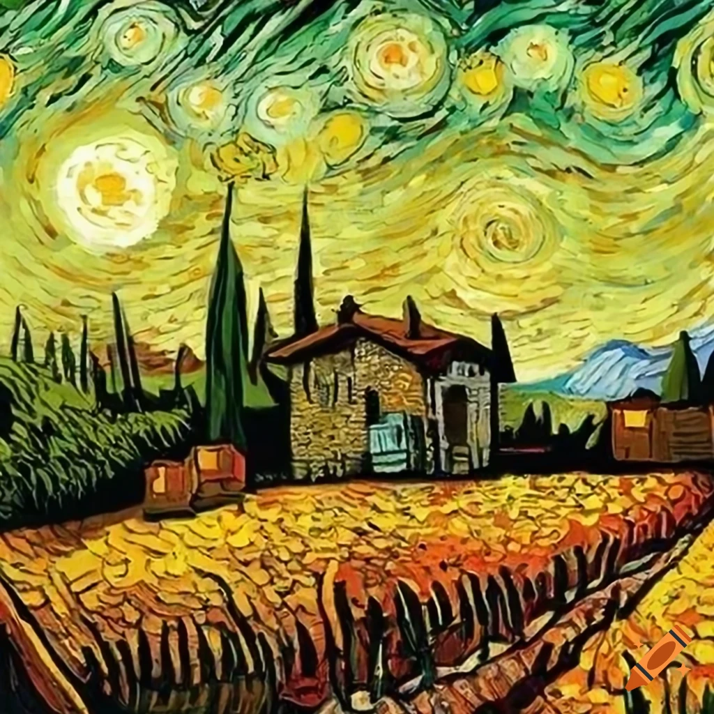cartoon art of a Tuscany-style home inspired by Van Gogh