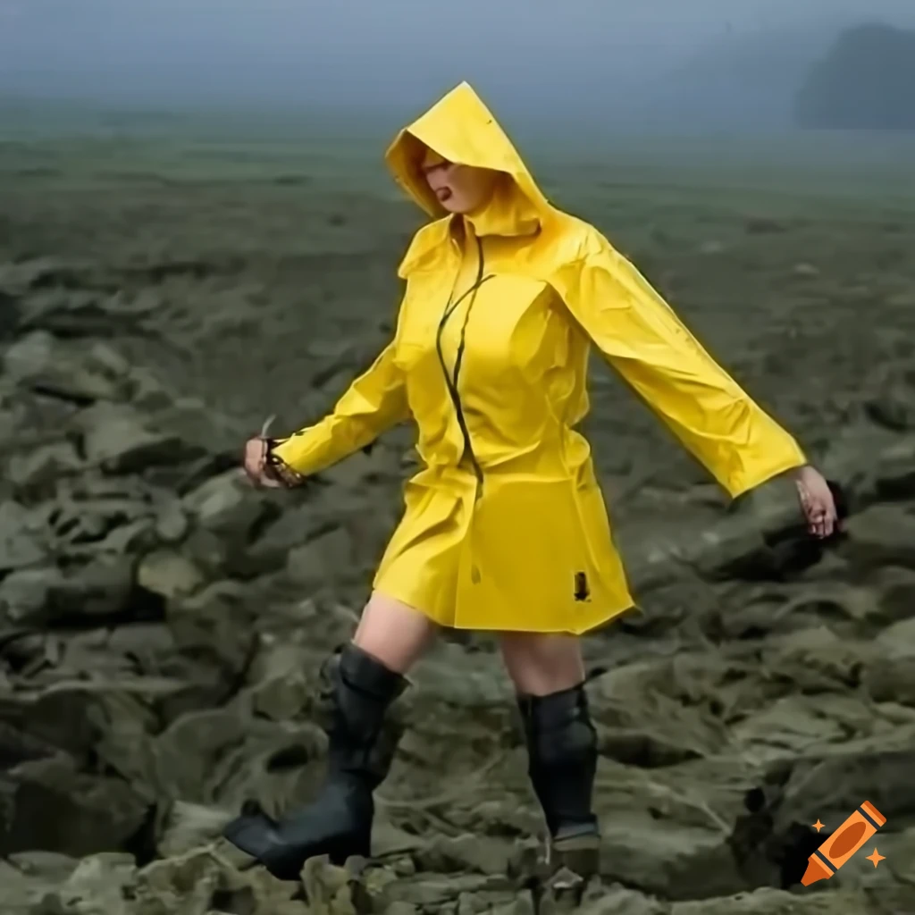 Blonde woman in yellow raincoat and black boots