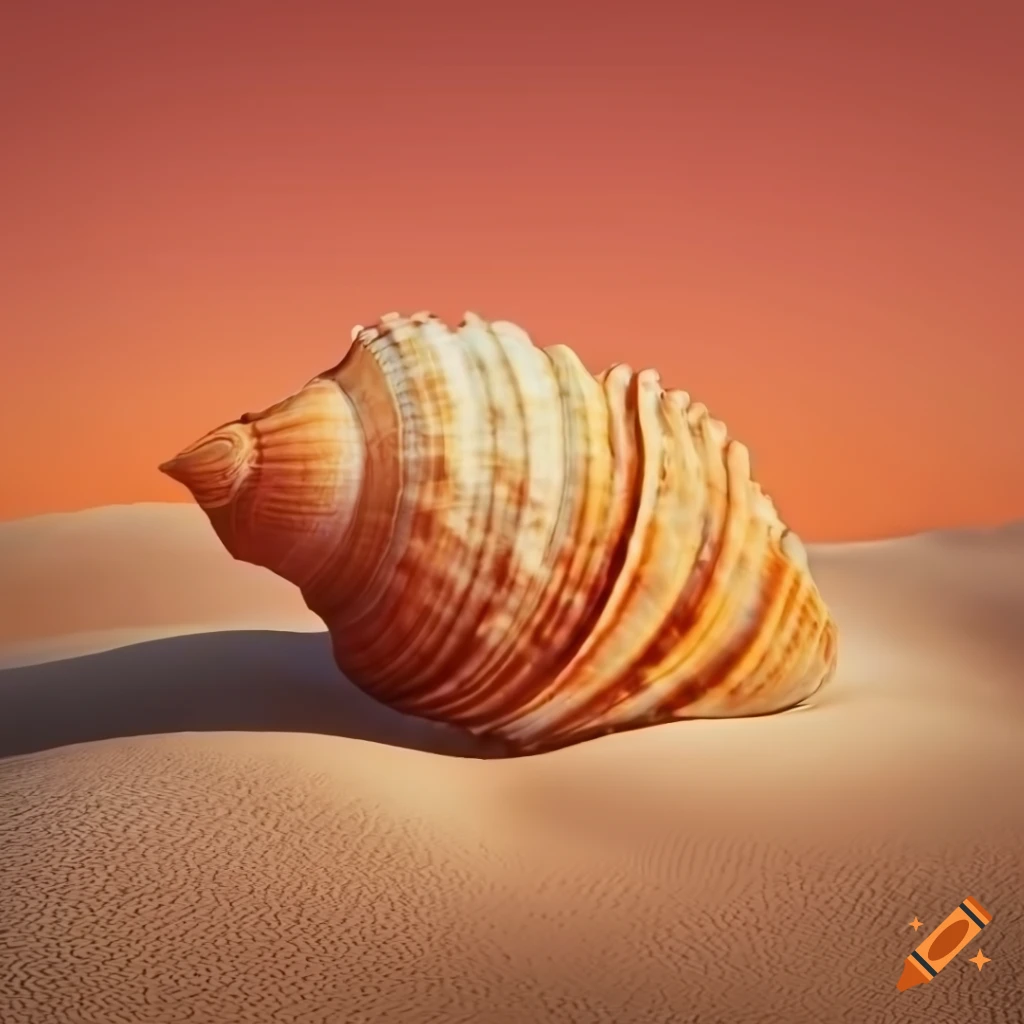 photorealistic image of an orange seashell in a desert