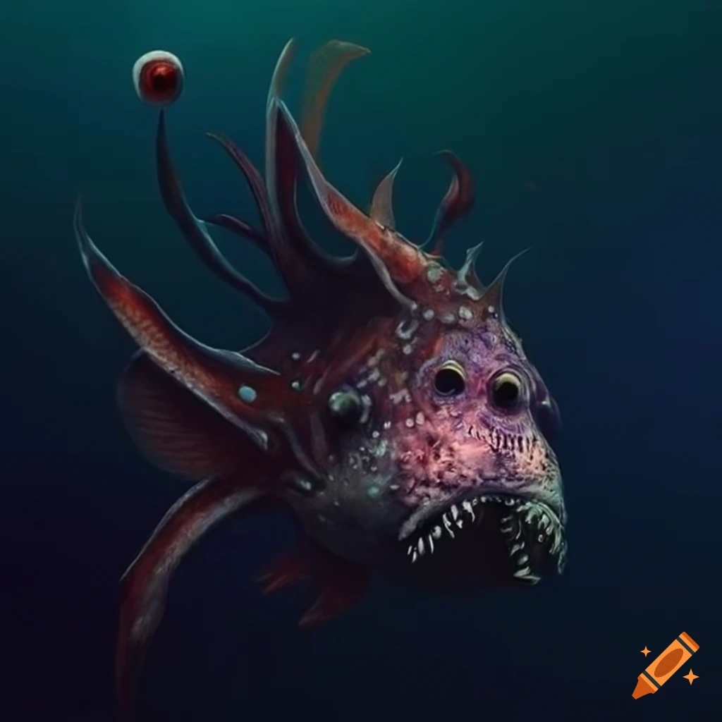 Illustration of a scary underwater monster fish on Craiyon