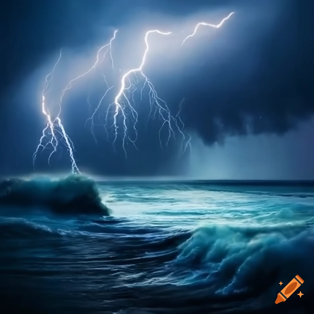 dramatic sea storm with lightning and raging waves