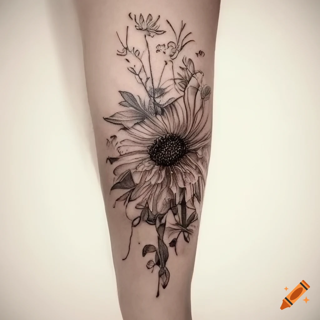 monochrome leg tattoo with flower and meadow plant motifs