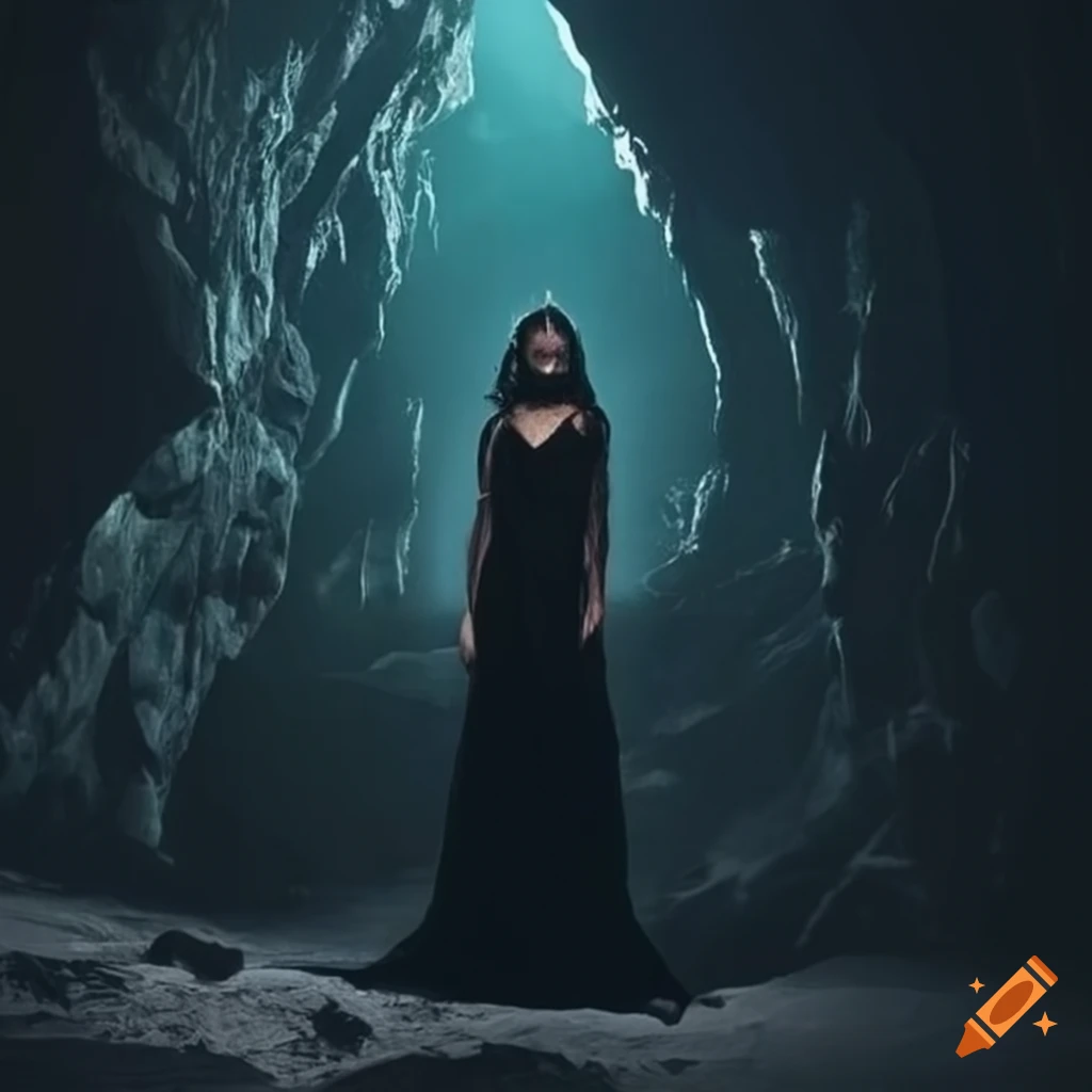 woman in black dress inside a cave