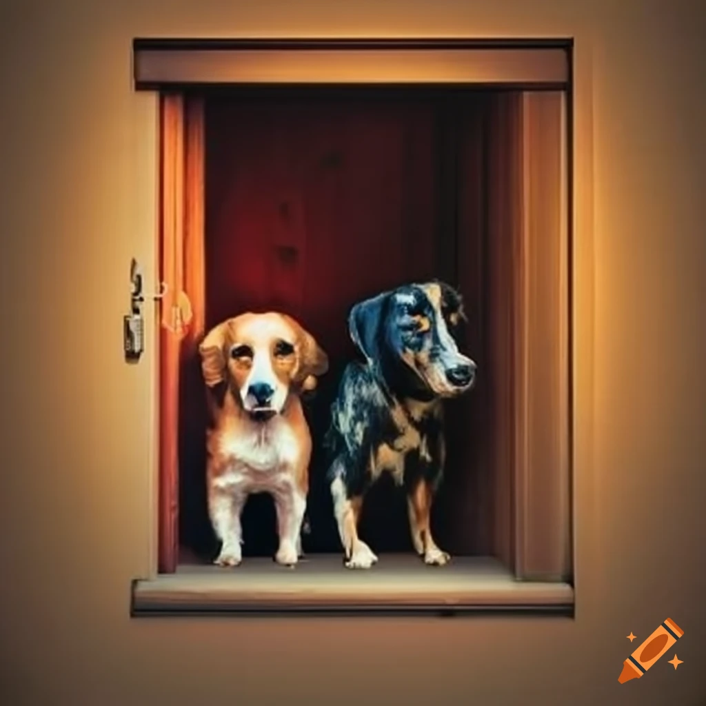 Dogs standing in an open doorway on Craiyon