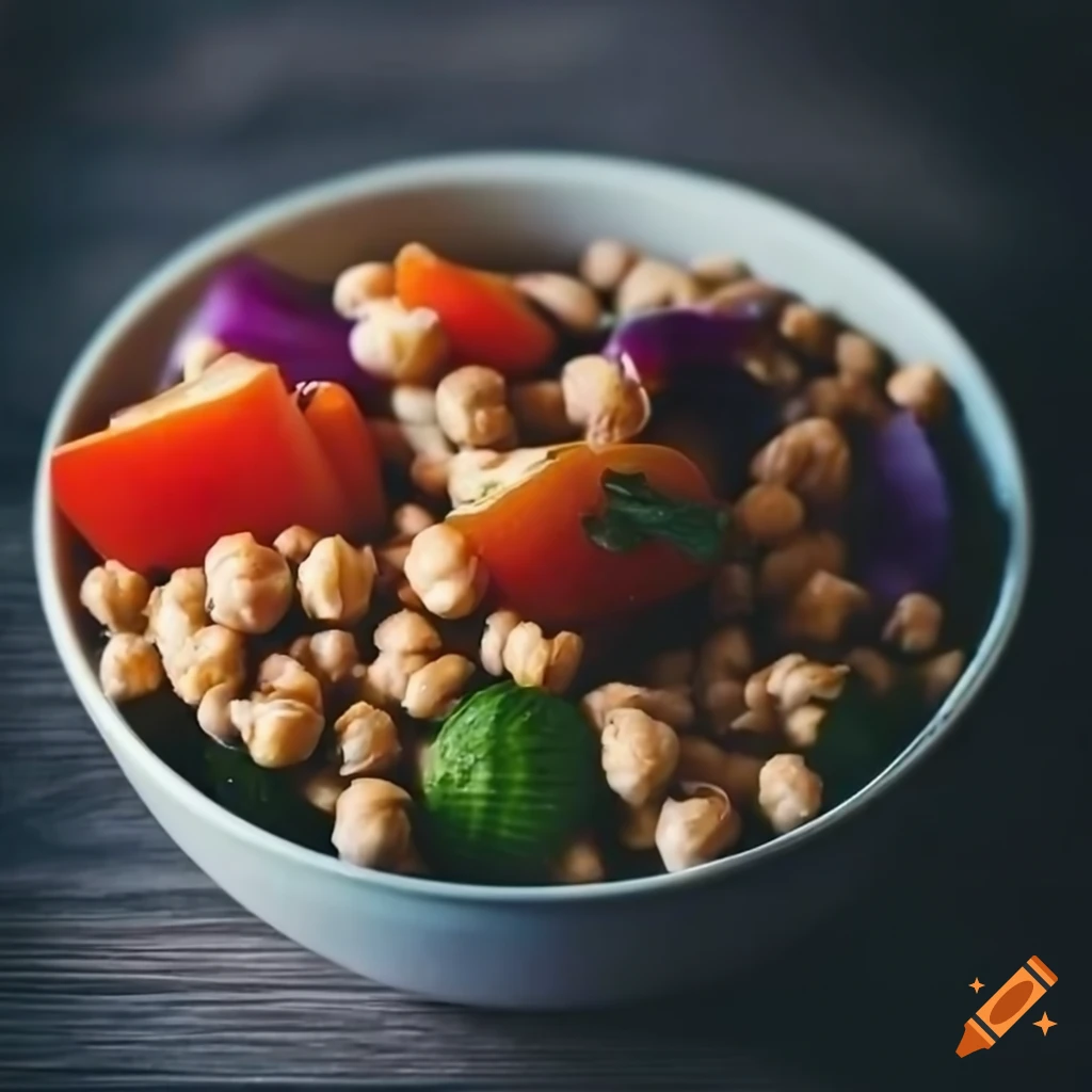 Salad bowl with chickpeas, cucumber, tomato, and purple onion
