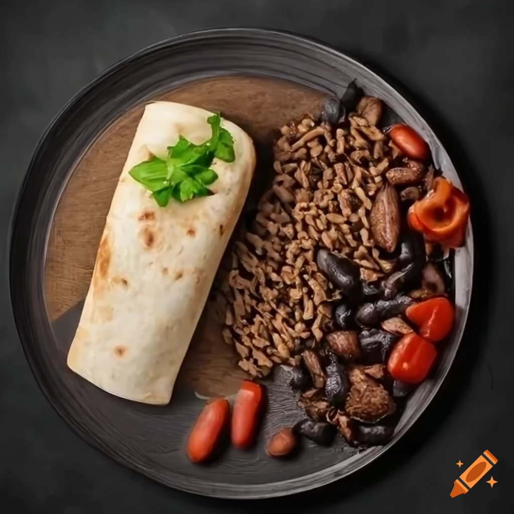 prato de Burritos de Feijão Preto com Arroz Integral e Tomate