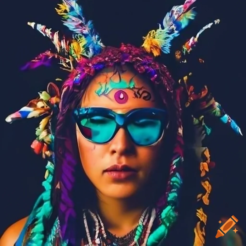 illustration of a nonbinary shaman with eye tattoos and colorful sunglasses