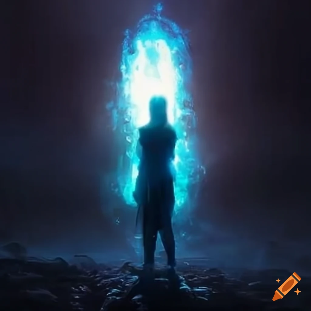 transparent glowing superhero in front of energy portal