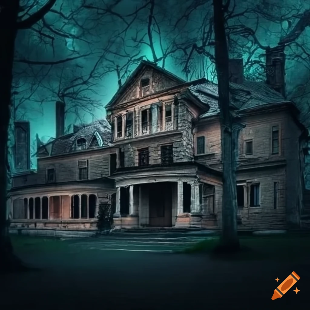 mansion in a dark forest at midnight