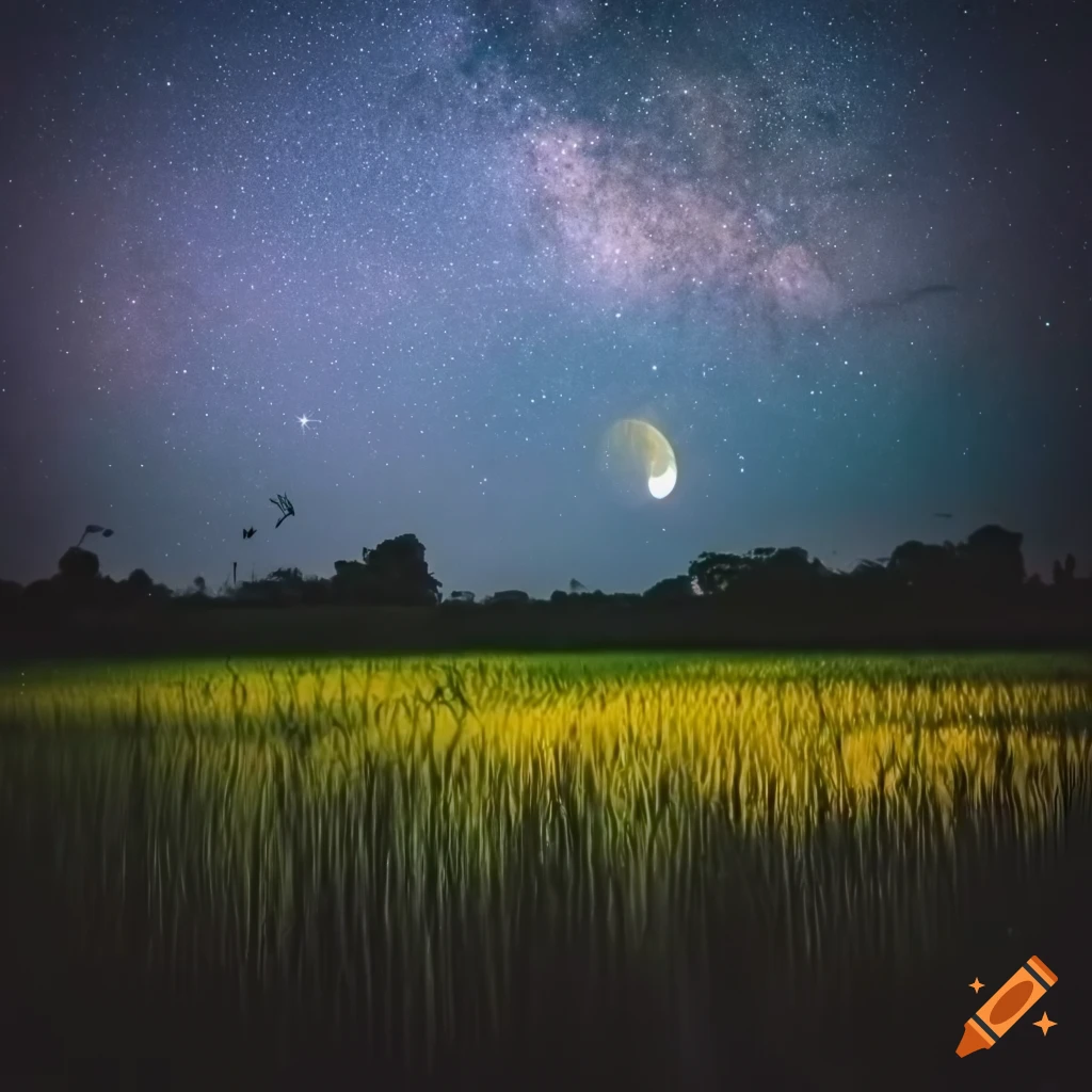 moonlit rural Bengal landscape with paddy fields and fireflies