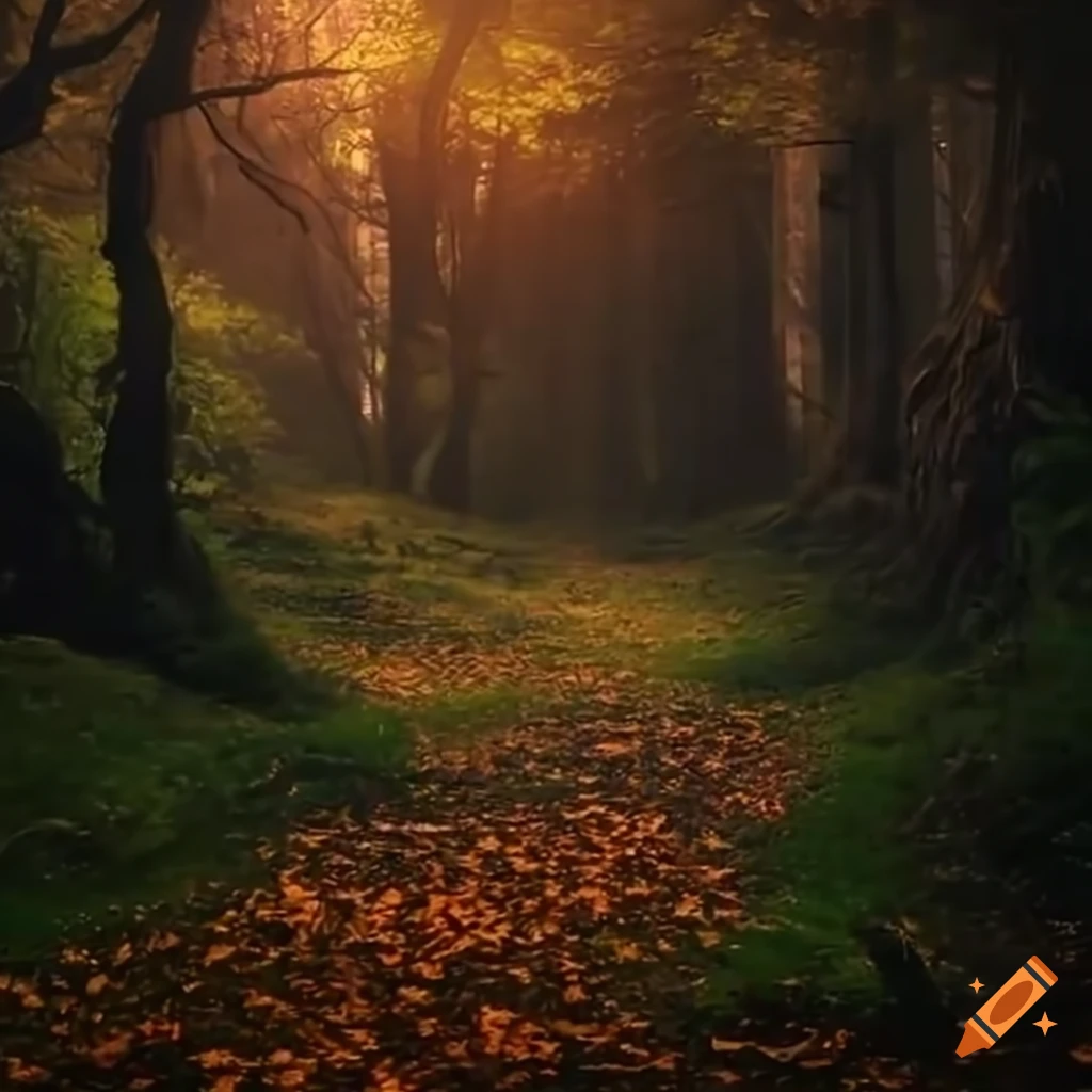 enchanted forest path with flickering jack o lanterns